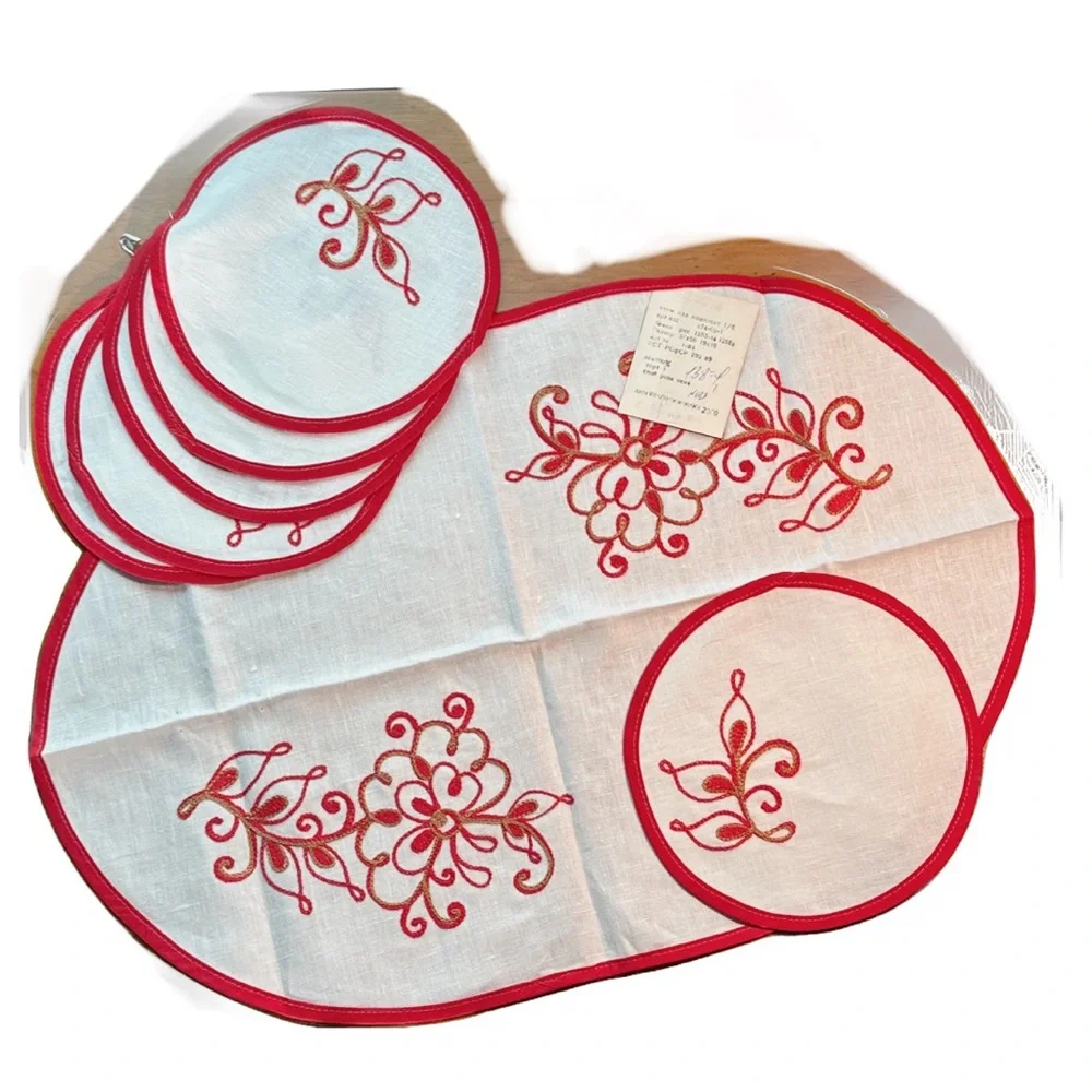 Y2K Traditional Russian Embroidered Linen Centerpiece With 6 Round Napkins ~NWT